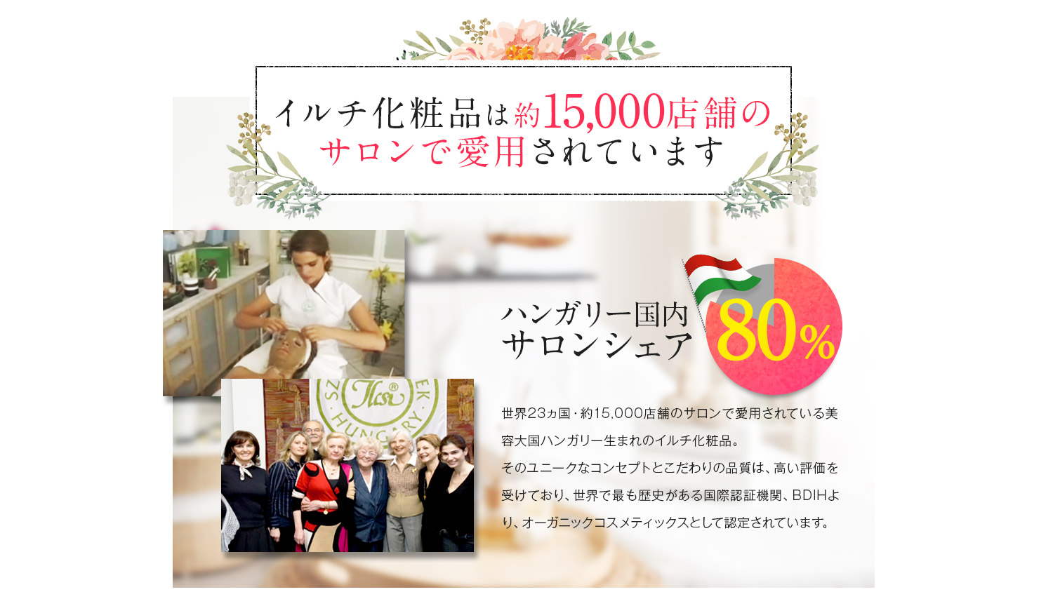 イルチ化粧品は約15,000店舗のサロンで愛用されています。ハンガリー国内サロンシェア80%以上。世界23ヵ国・約15,000店舗のサロンで愛用されている美容大国ハンガリー生まれのイルチ化粧品。そのユニークなコンセプトとこだわりの品質は、高い評価を受けており、世界で最も歴史がある国際認証機関、BDIHより、オーガニックコスメティックスとして認定されています